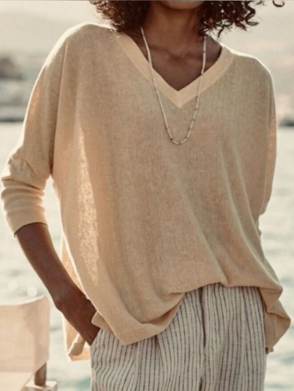 Garnet Hill Linen Oversized V-Neck Sweater M Pink Dolman Lagenlook Coastal